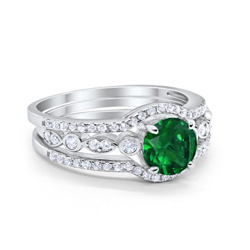 Trio Set Three Piece Wedding Ring Round Simulated Green Emerald CZ 925 Sterling Silver